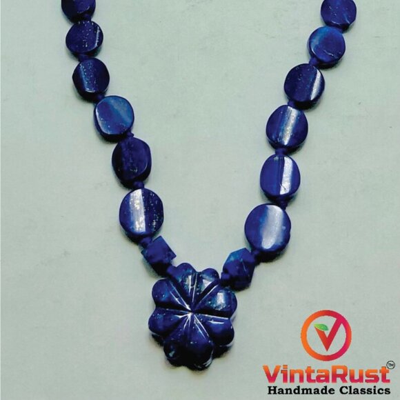 Lapis Lazuli Necklace, Handmade Beaded Pendant Necklace, Natural Blue Gemstone - Picture 4 of 10